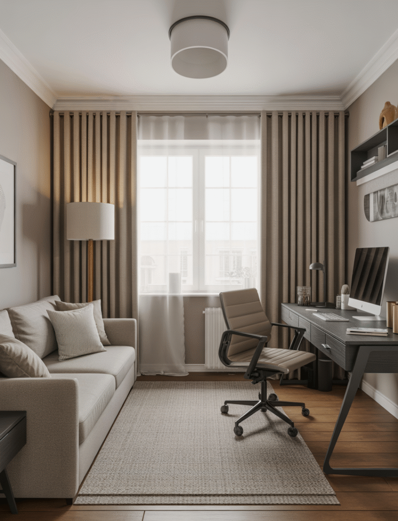 Home office with a couch opposite a desk, creating distinct zones for relaxation and work. Neutral decor and soft lighting add balance to the space.
