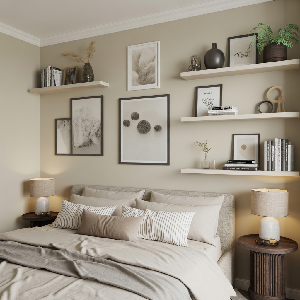 Floating shelves mixed with hanging art pieces, creating dimension and layered texture.

