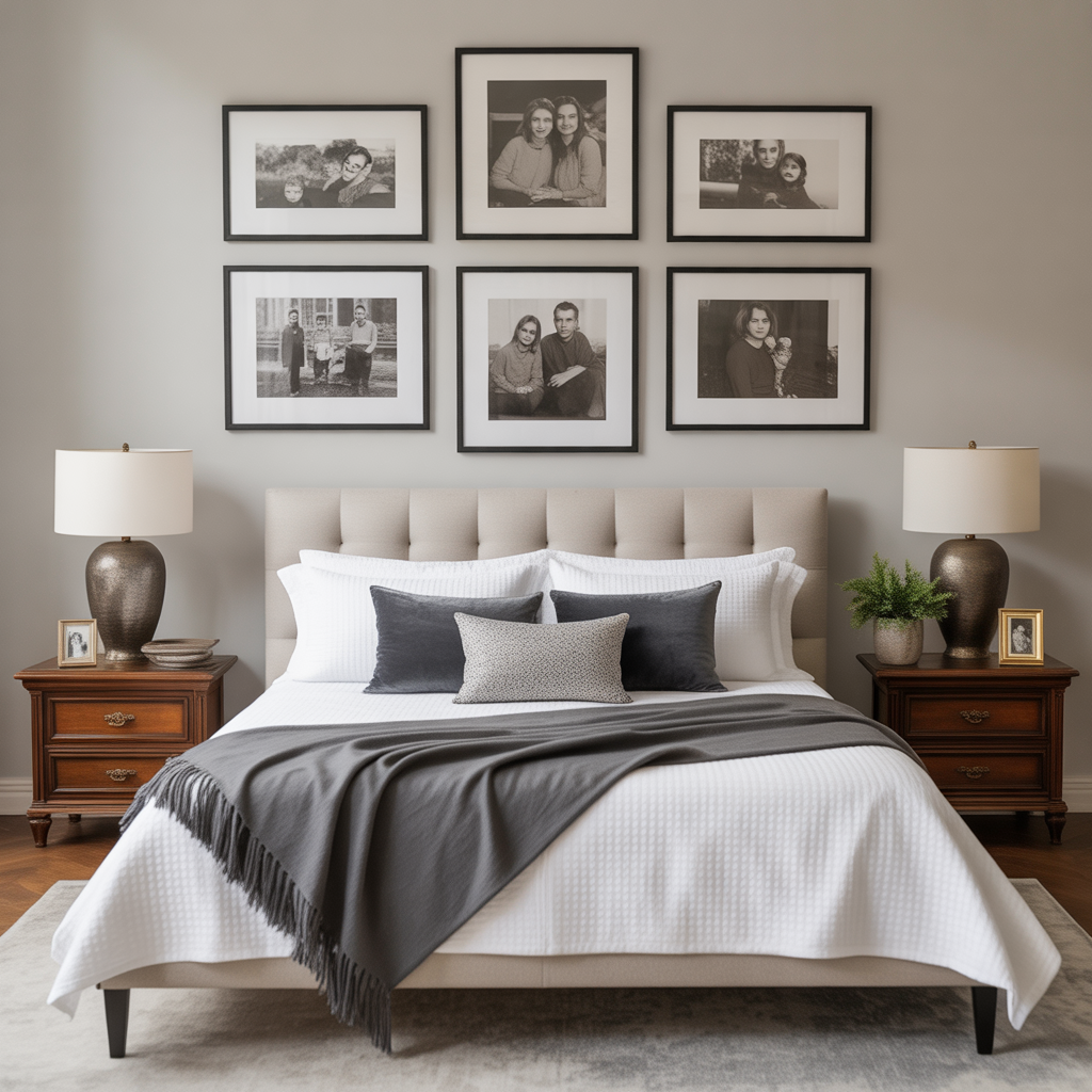 Gallery wall of black-and-white family photos in uniform frames for a personal touch.

