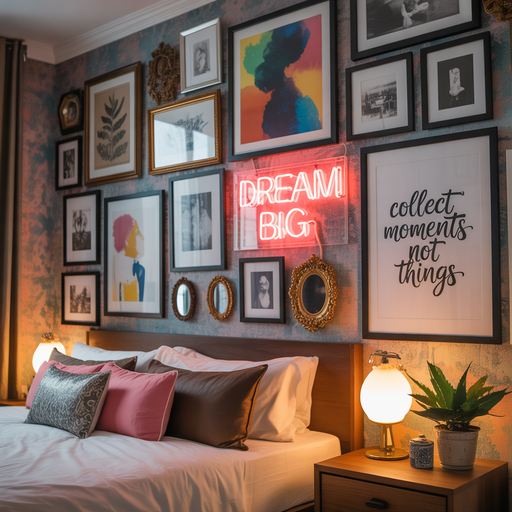 Mixed gallery wall including a bright neon sign or playful quote for an unexpected element.

