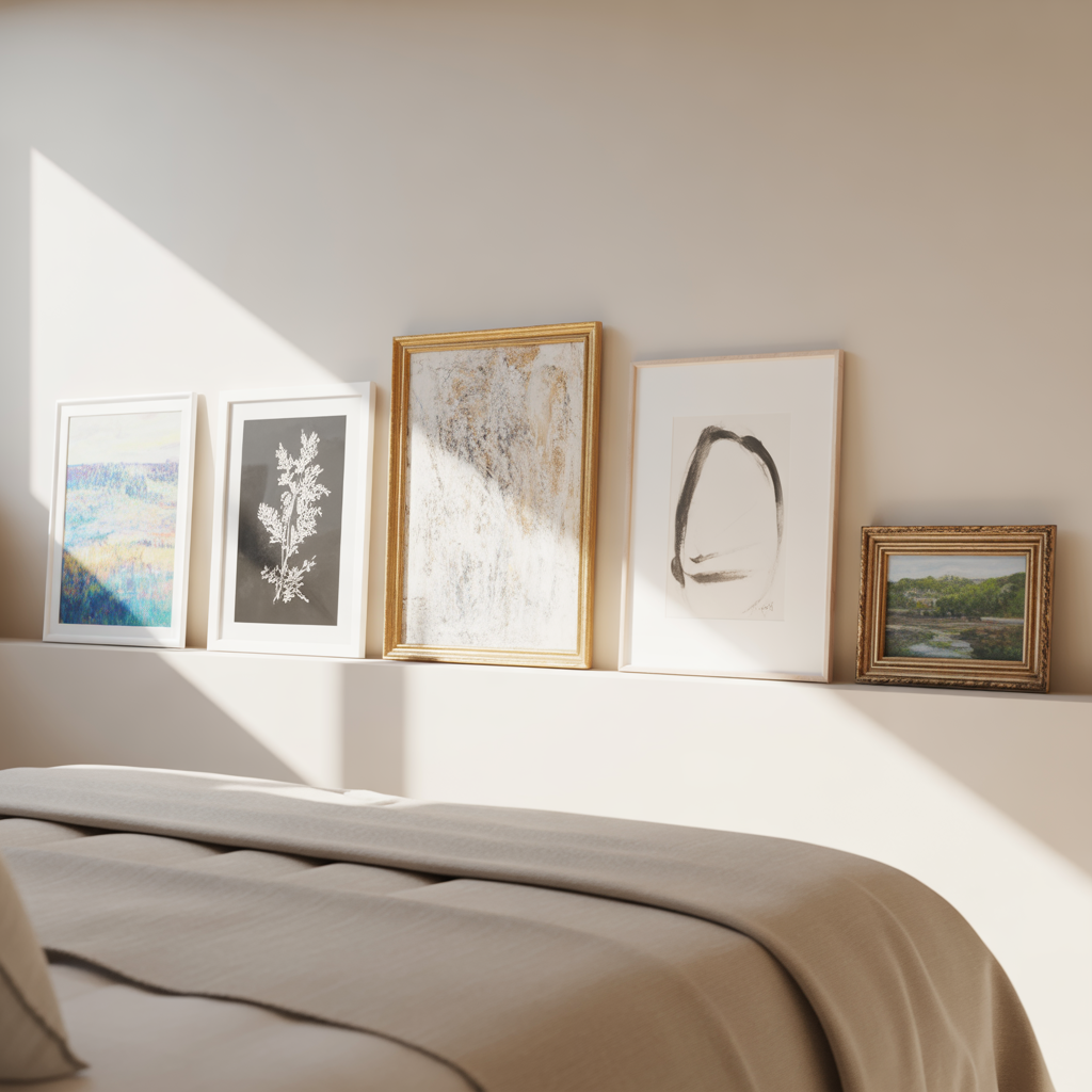 Art displayed on ledges or clipboards for easy seasonal swaps or mood updates.