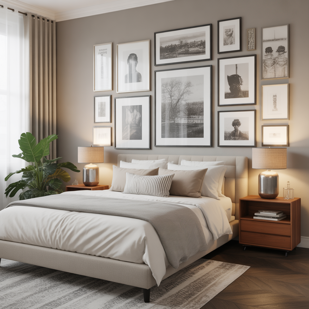 Large and small frames arranged together for playful scale contrast on a feature wall.

