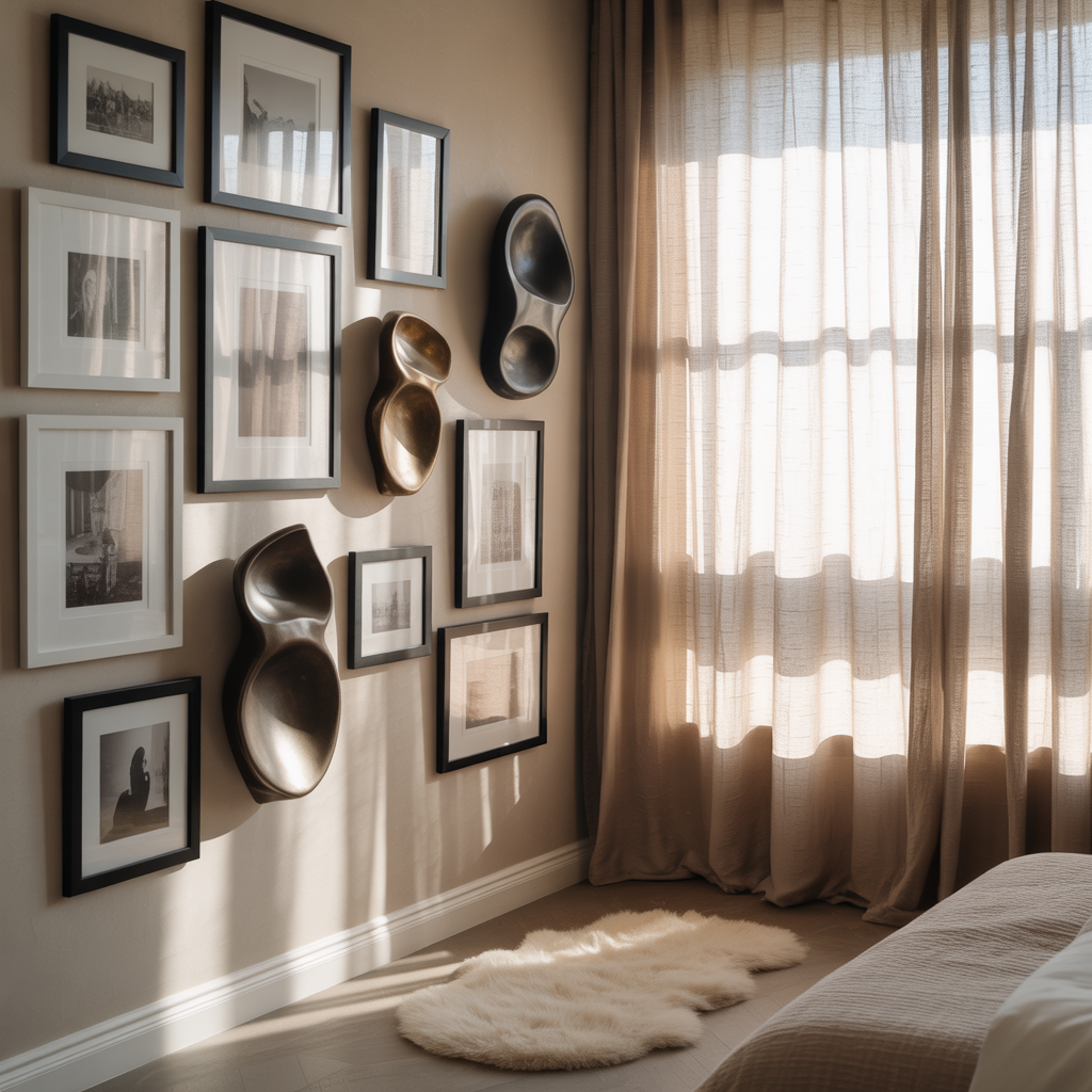 3D elements like baskets or sculptural pieces mixed with flat art for added texture.

