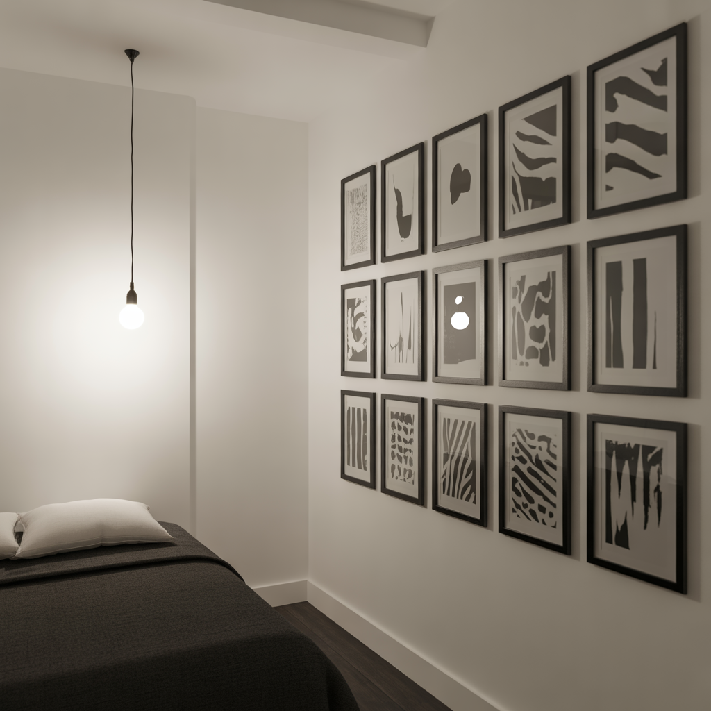 Black-and-white framed photos arranged in a stylish, unified monochrome gallery.

