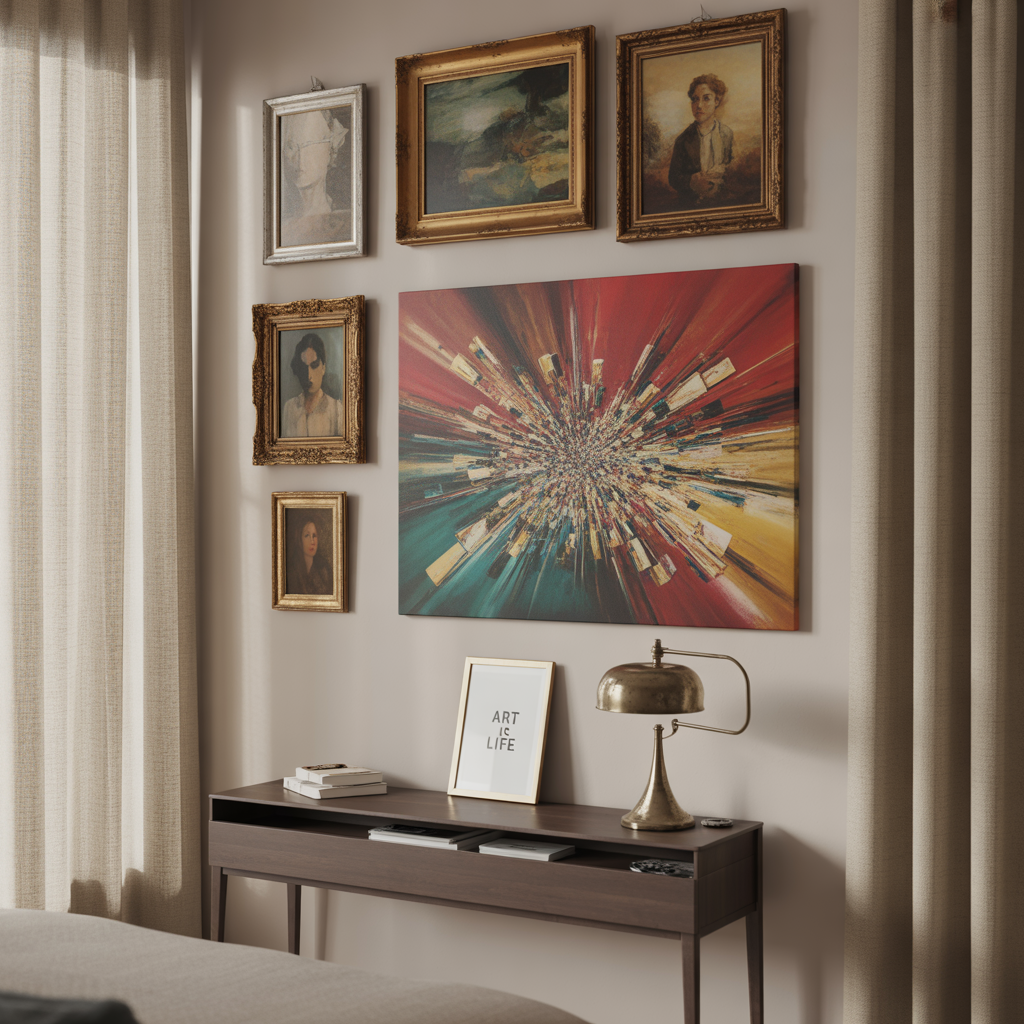 Modern and vintage art mixed together for a curated, layered bedroom display.

