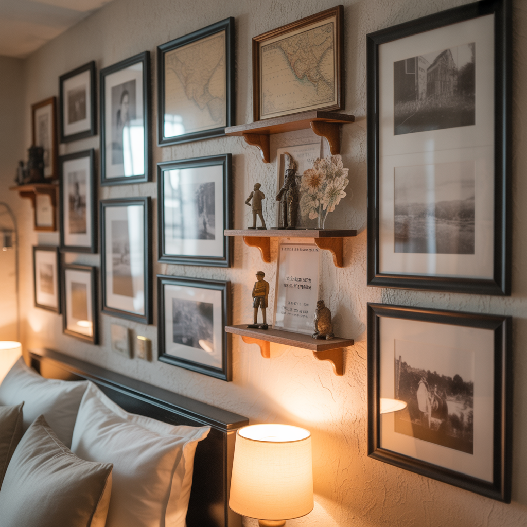 Art and decor showcasing travel memories, maps, and collected keepsakes.

