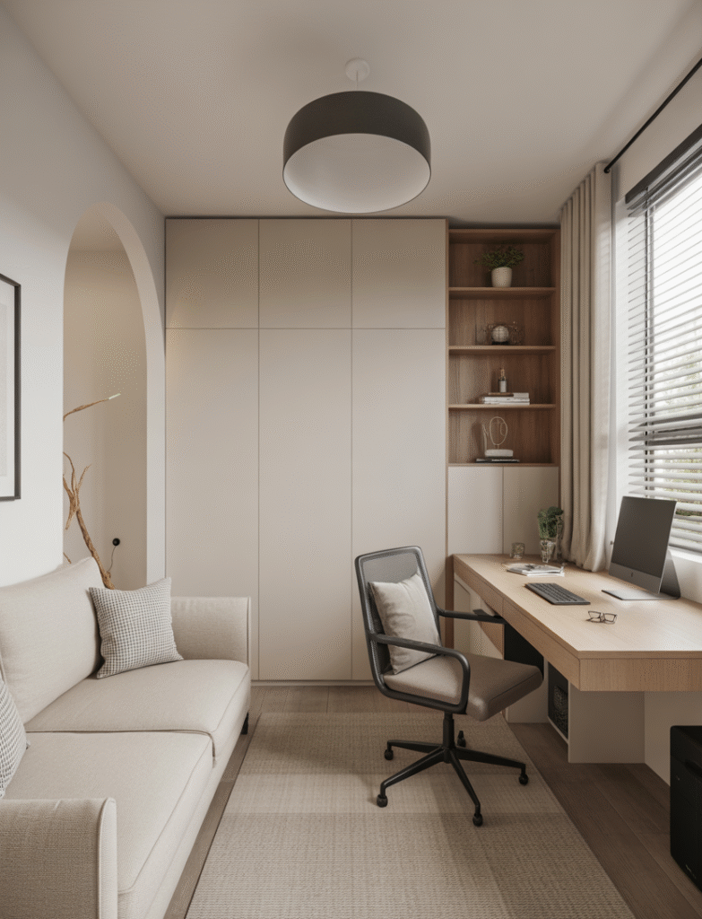 Bright home office featuring a beige or ivory couch, paired with natural wood furniture and green plants, creating a serene and spacious feel.