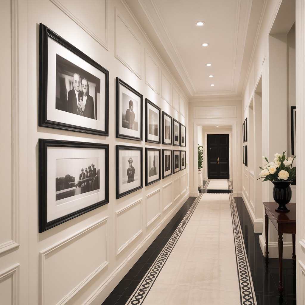 Hallway with black-and-white photos in matching black frames for a classic, timeless look.