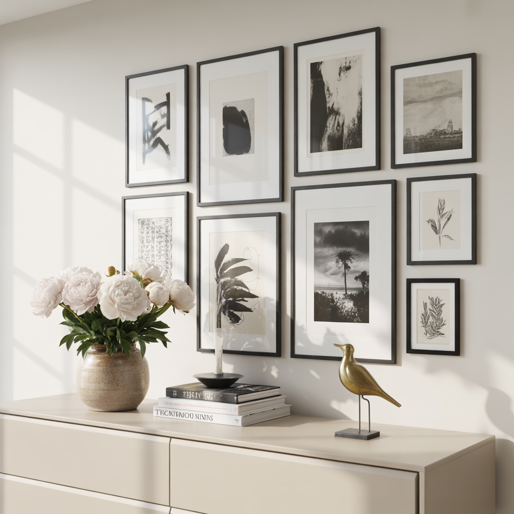 Art arranged above a dresser, complemented by styled books, vases, and candles on top.

