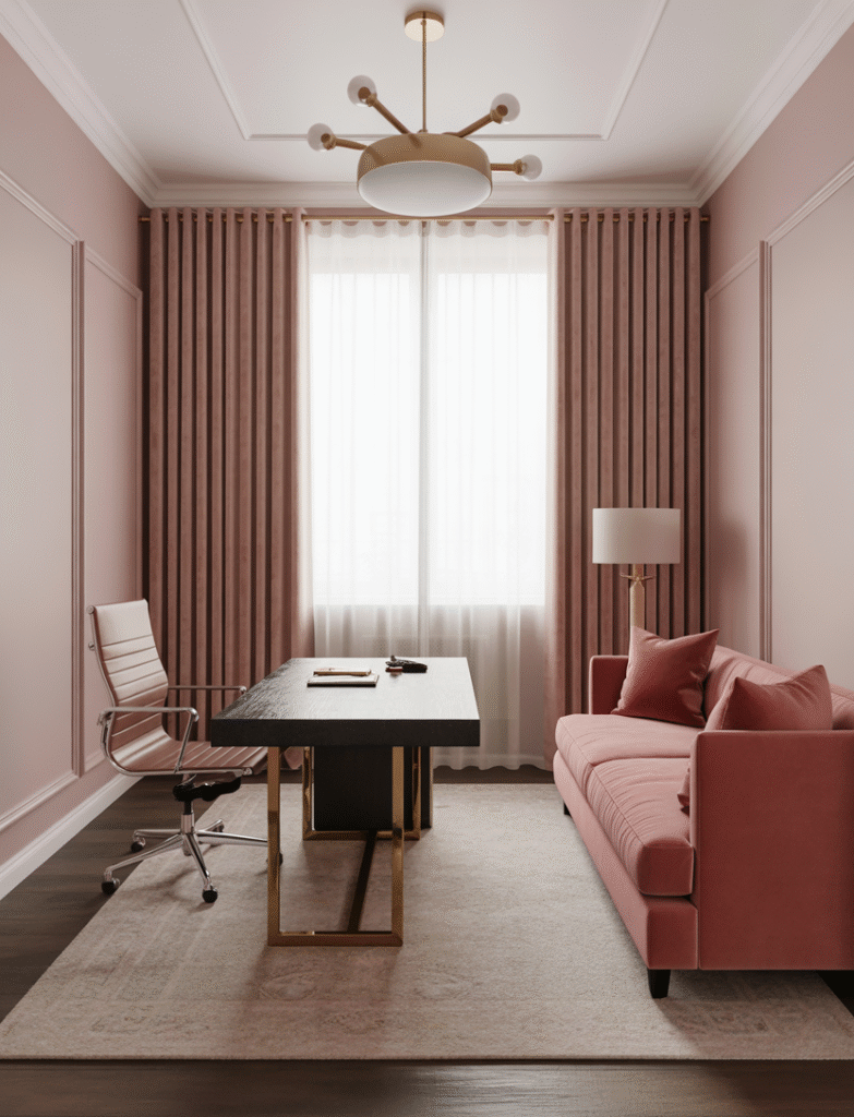 Home office with a vibrant pink velvet couch, gold accents, and neutral walls, blending luxury and boldness for a stylish and sophisticated look.