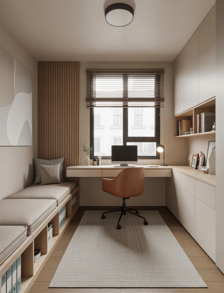 Modern home office with a built-in couch along the wall, featuring hidden storage under the seat for files and supplies, optimizing space and functionality.