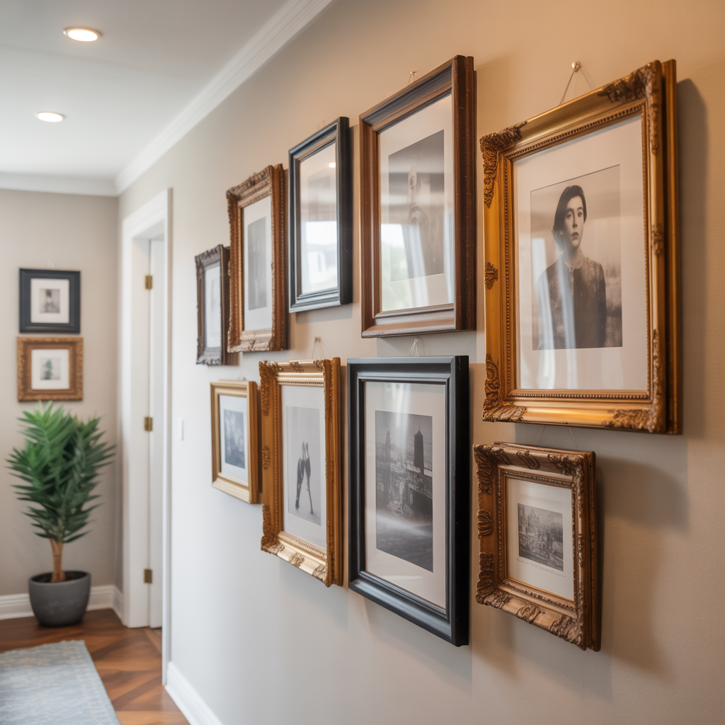 Mixed frame styles including wood, gold, and metal add personality to an art-filled hallway.