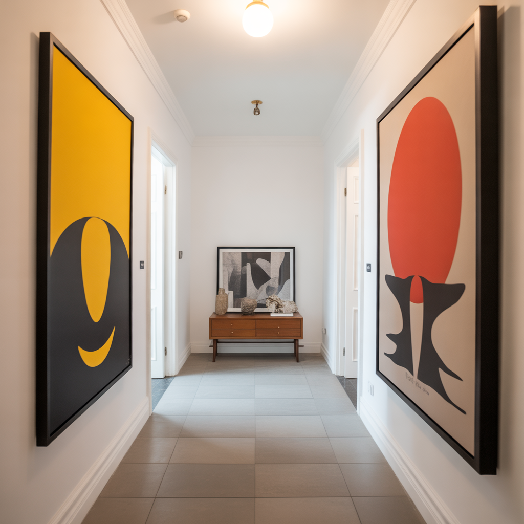 Large-scale art pieces add bold visual interest to a clean, simple hallway.

