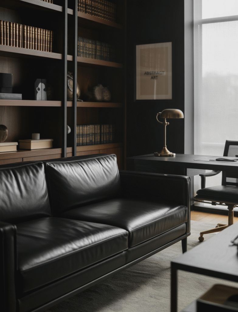 Sleek home office with a black leather couch, industrial-style furniture, dark wood shelves, and a minimalistic black desk, exuding modern sophistication.