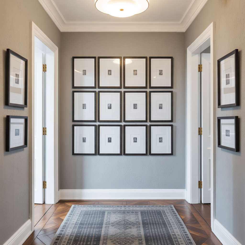 A perfectly aligned grid of matching frames gives the hallway a polished, modern look.

