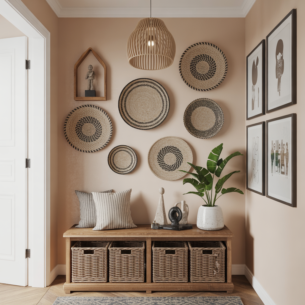 A mix of baskets, sculpture, and framed art adds texture and dimension to a hallway gallery.