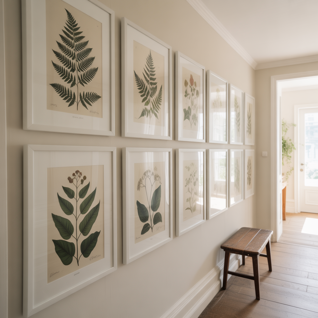 A themed hallway gallery featuring coordinated botanical art in green and cream tones.

