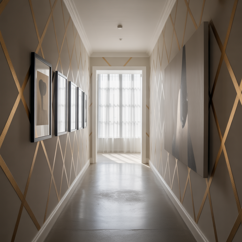 Subtle decals behind framed pieces give this gallery wall added visual interest.

