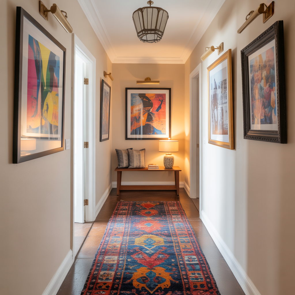 A colorful hallway gallery wall full of bright frames and cheerful artwork.

