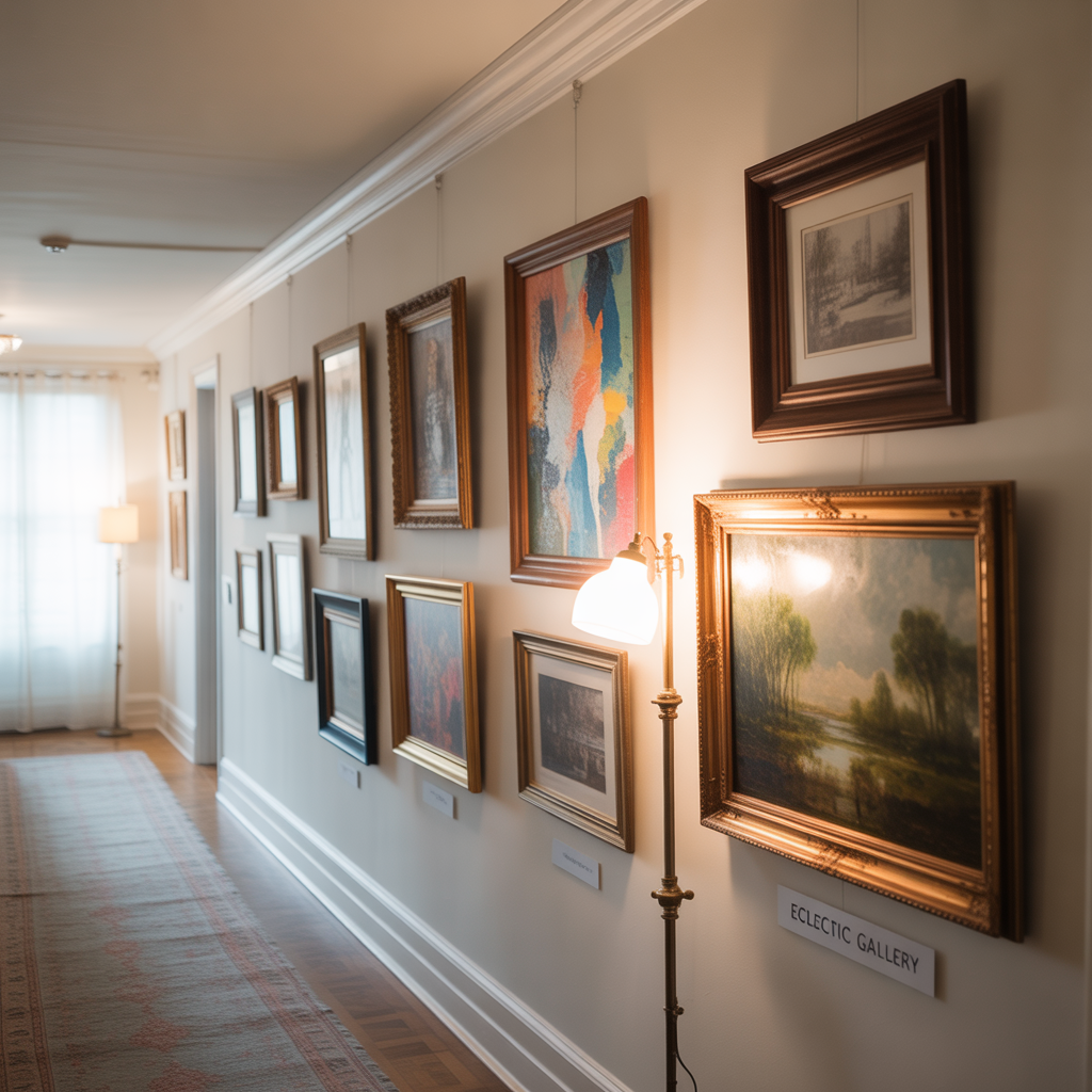 Vintage and modern art pieces come together in a collected, curated hallway gallery.

