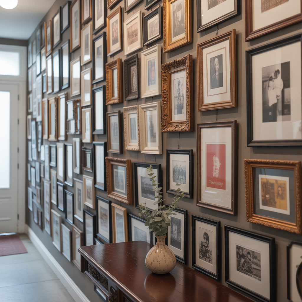 A full-height gallery wall fills every inch of the hallway with art and personality.

