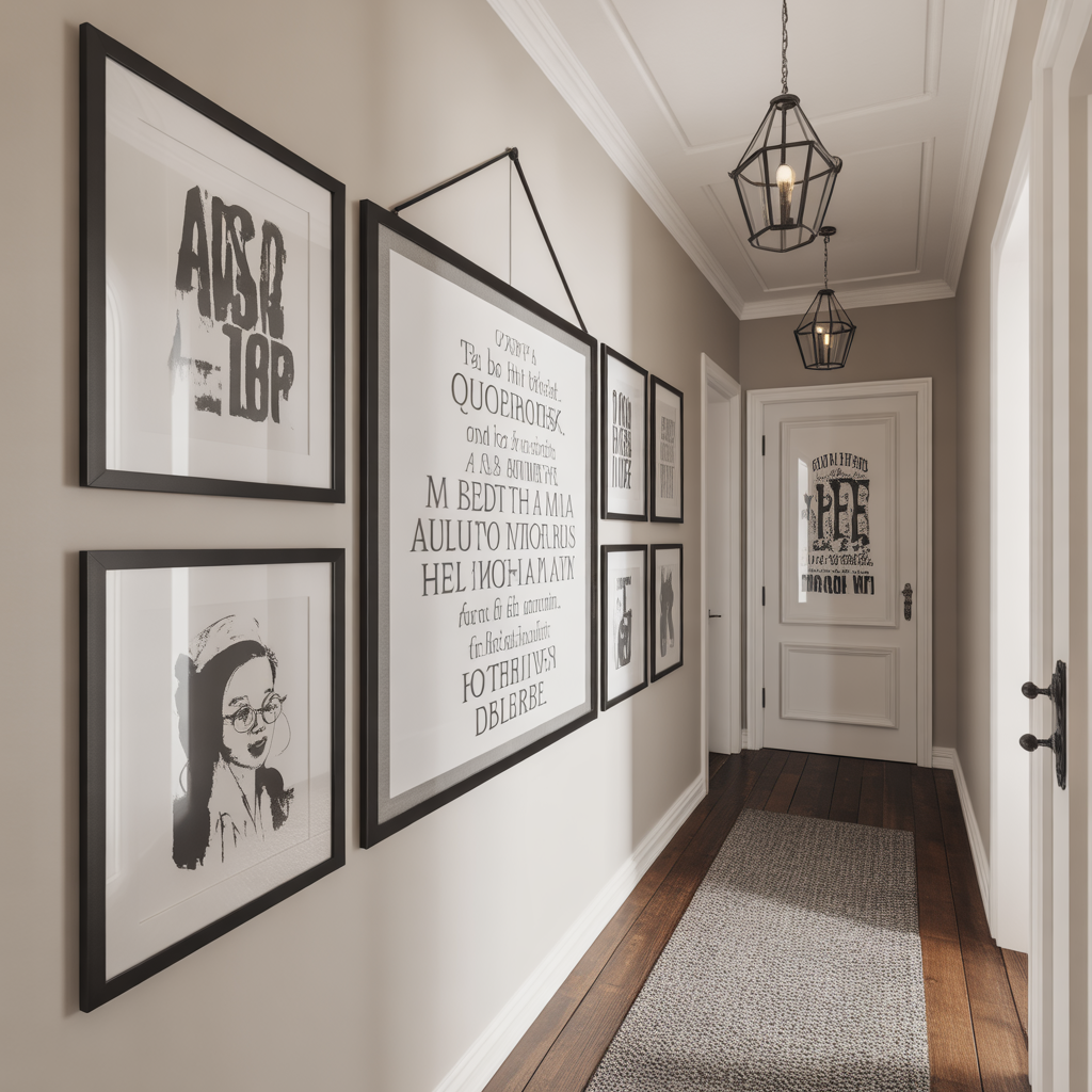 Typography art adds personal expression and variety to this hallway gallery.

