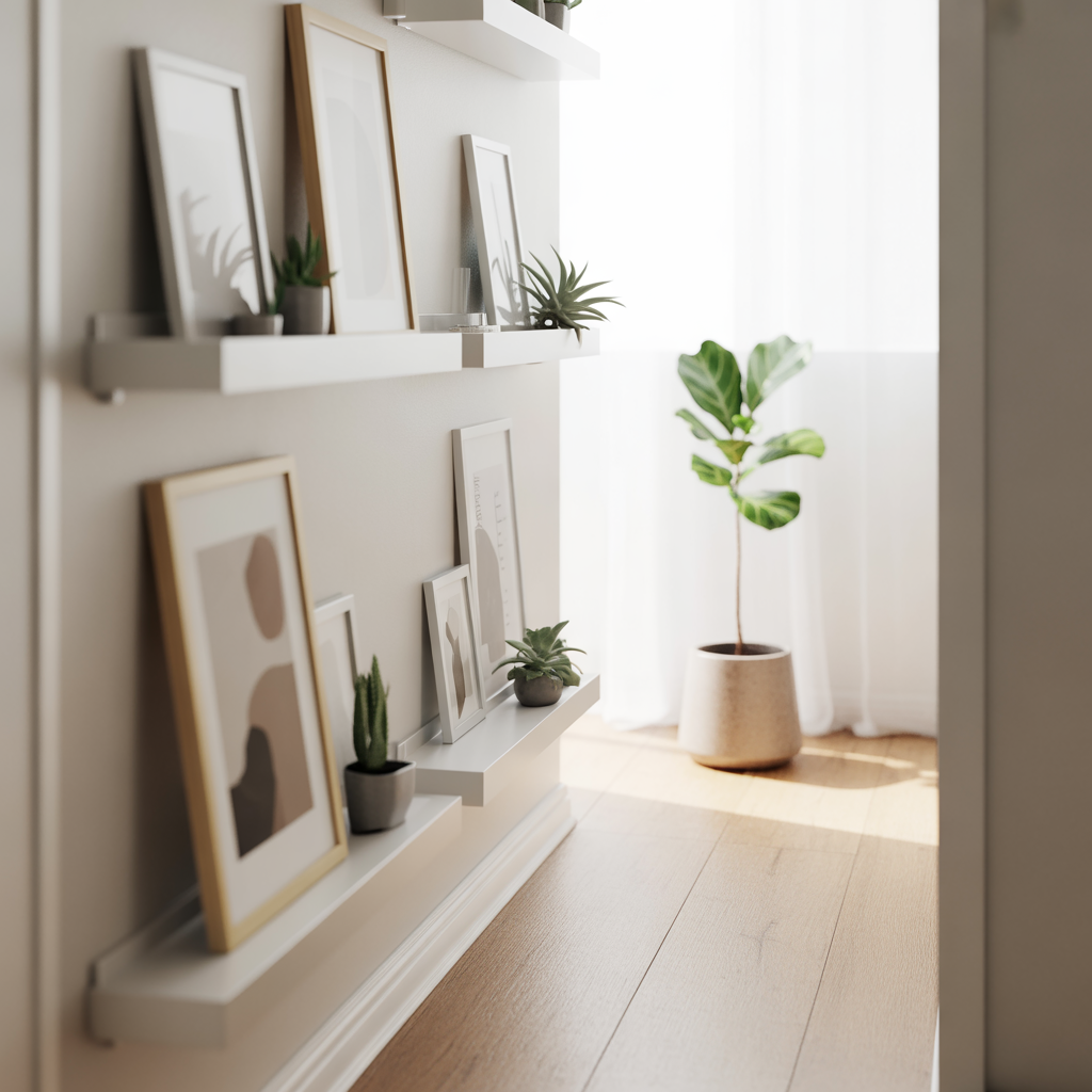 Picture ledges allow for flexible, layered art displays in a clean hallway setting.