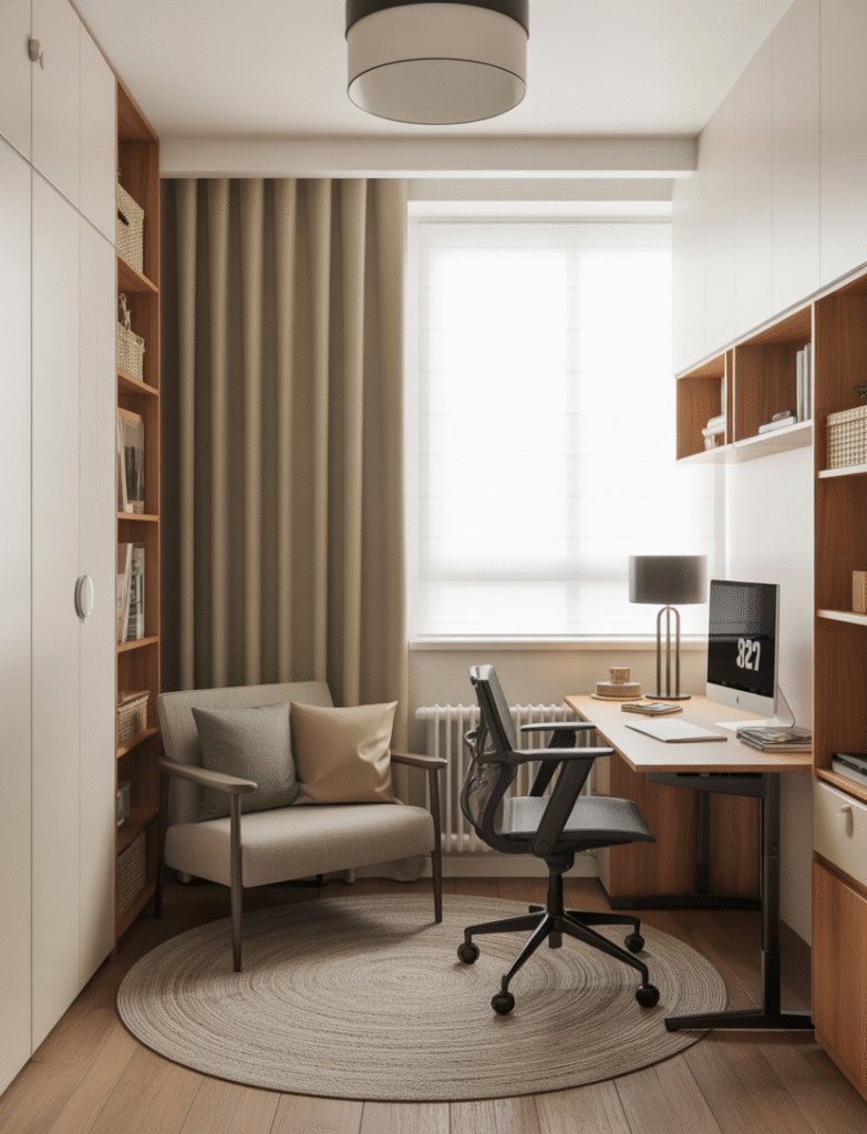 Compact home office with a small loveseat featuring slender arms and legs, creating an open and airy space with a minimalist desk and functional decor.