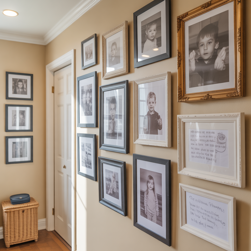 Personal touches like family photos and kids' art create a heartfelt hallway gallery.

