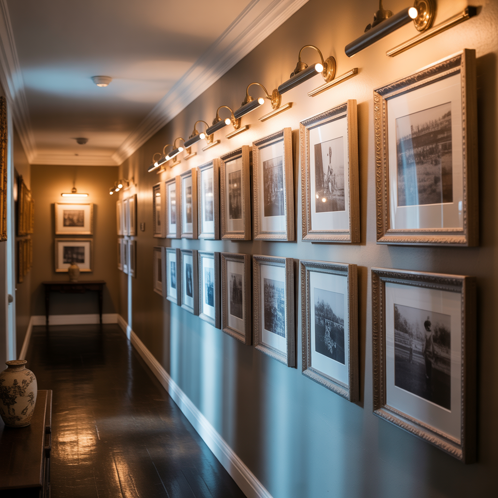Soft lighting highlights framed art, creating a cozy and elevated hallway gallery.

