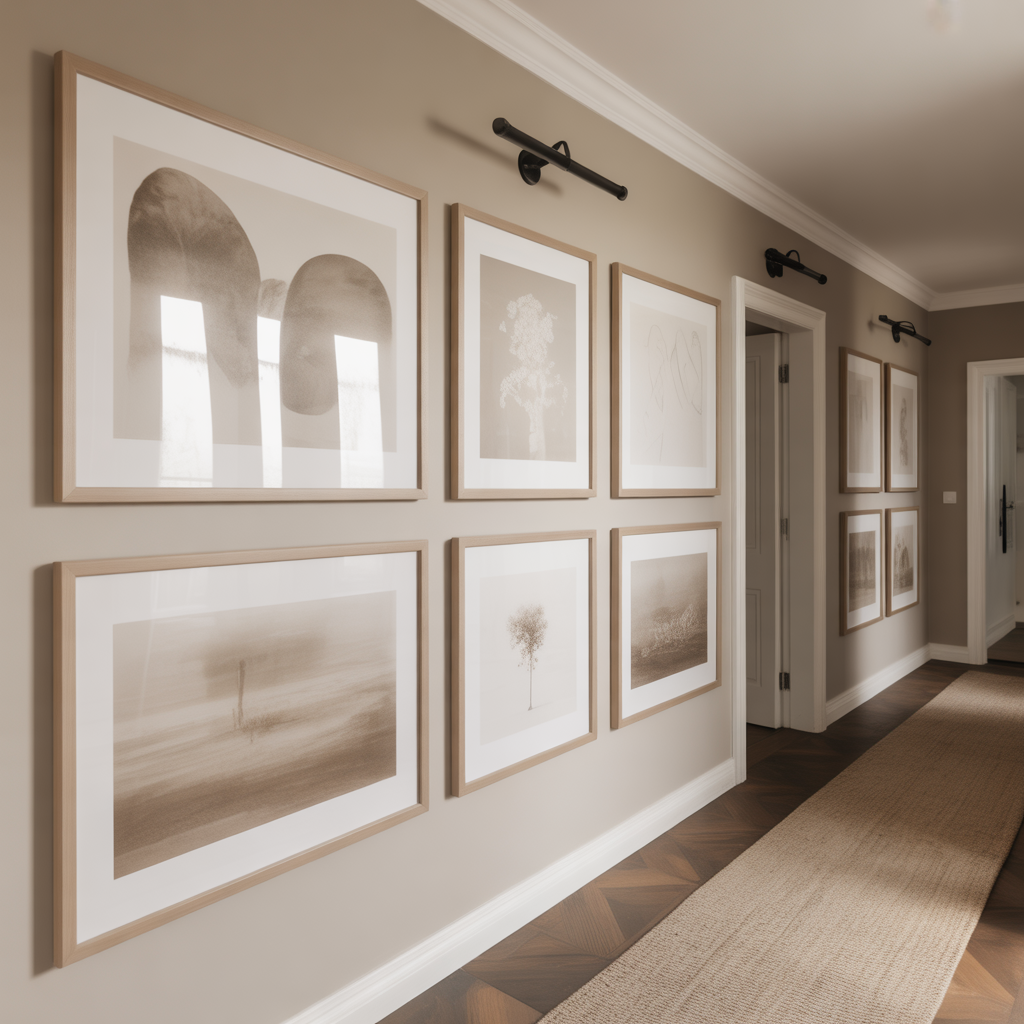 Monochrome art and frames in neutral tones create a serene, cohesive gallery wall.
