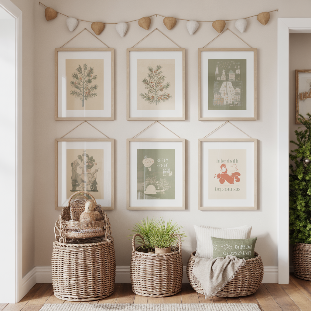 A hallway gallery wall updated for the season with themed prints and cozy touches.

