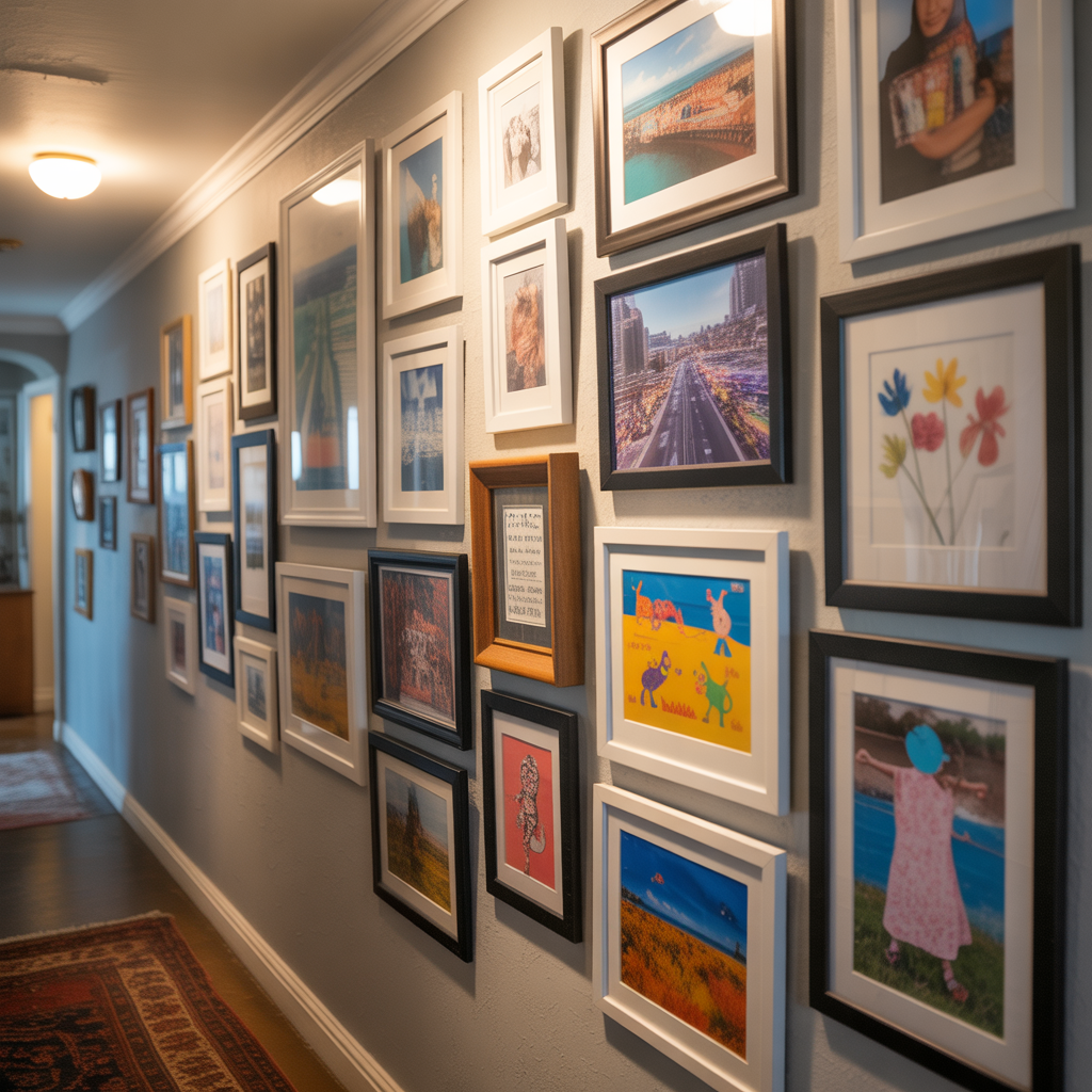 A meaningful hallway gallery wall filled with personal photos and collected treasures.
