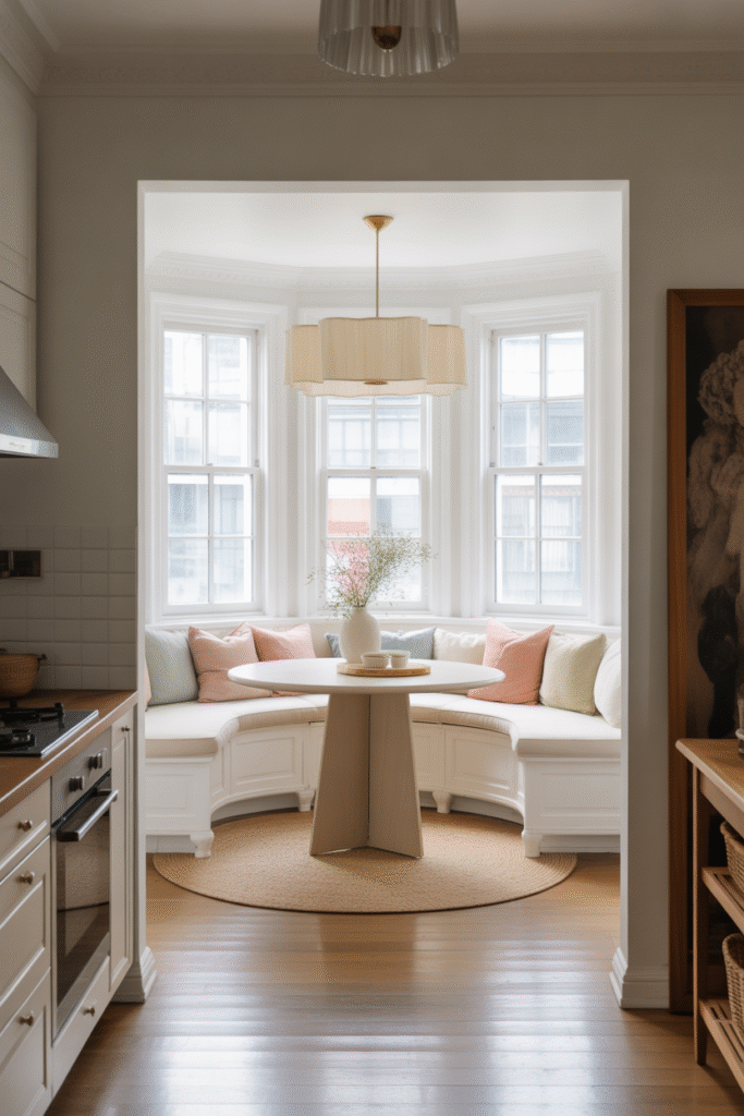White banquette with pastel cushions and a round wood table creates an airy, light-filled kitchen corner.