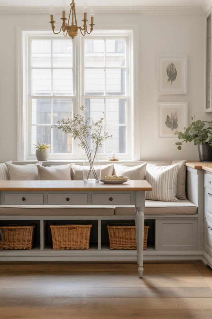 Banquette with hidden drawers offers cozy seating and smart storage in a compact kitchen.