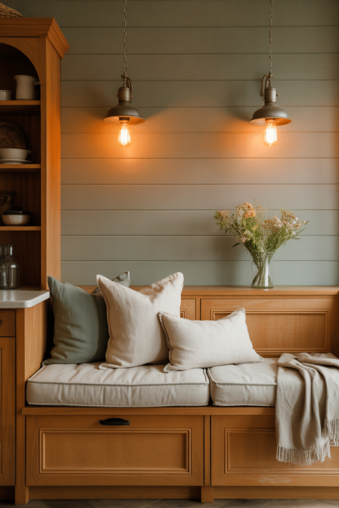 Warm wood banquette adds natural charm with neutral linen cushions and rustic accents.

