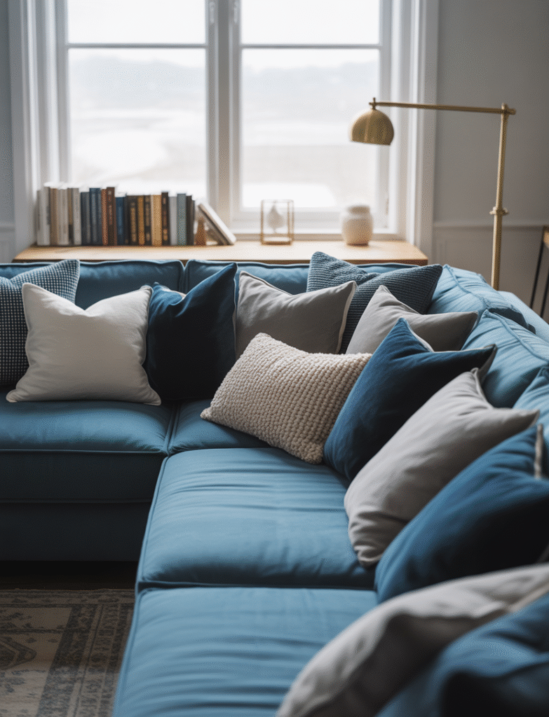 Cozy home office featuring a couch layered with large, soft throw pillows in complementary colors and various textures, adding comfort and warmth to the space.
