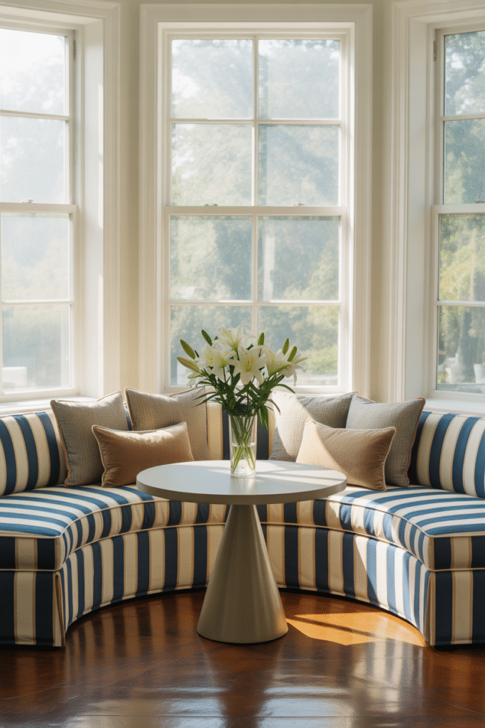Curved seating creates a cozy, café-style nook perfect for conversation and comfort.


