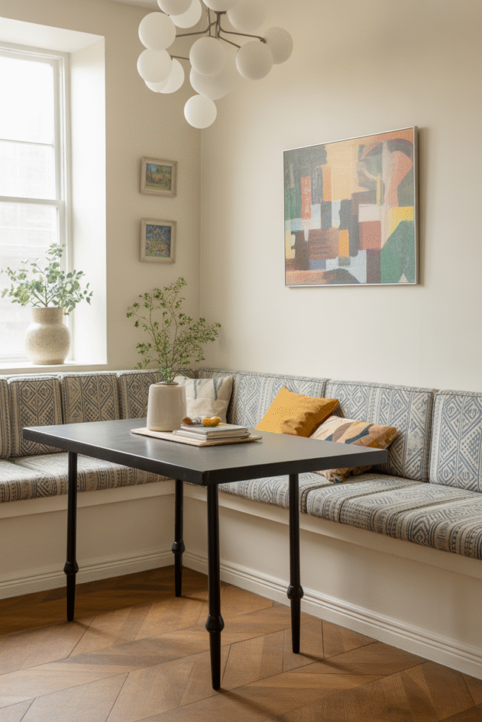 Bold prints on the banquette turn it into the vibrant focal point of the kitchen.

