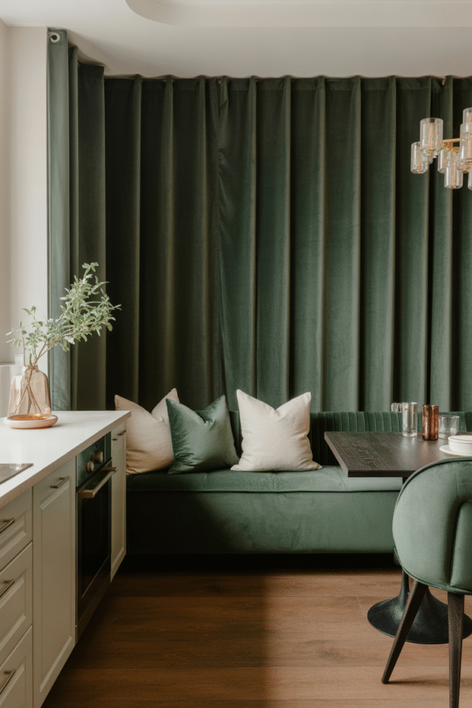 Tall, plush banquette creates a cozy, enclosed dining space with rich color.


