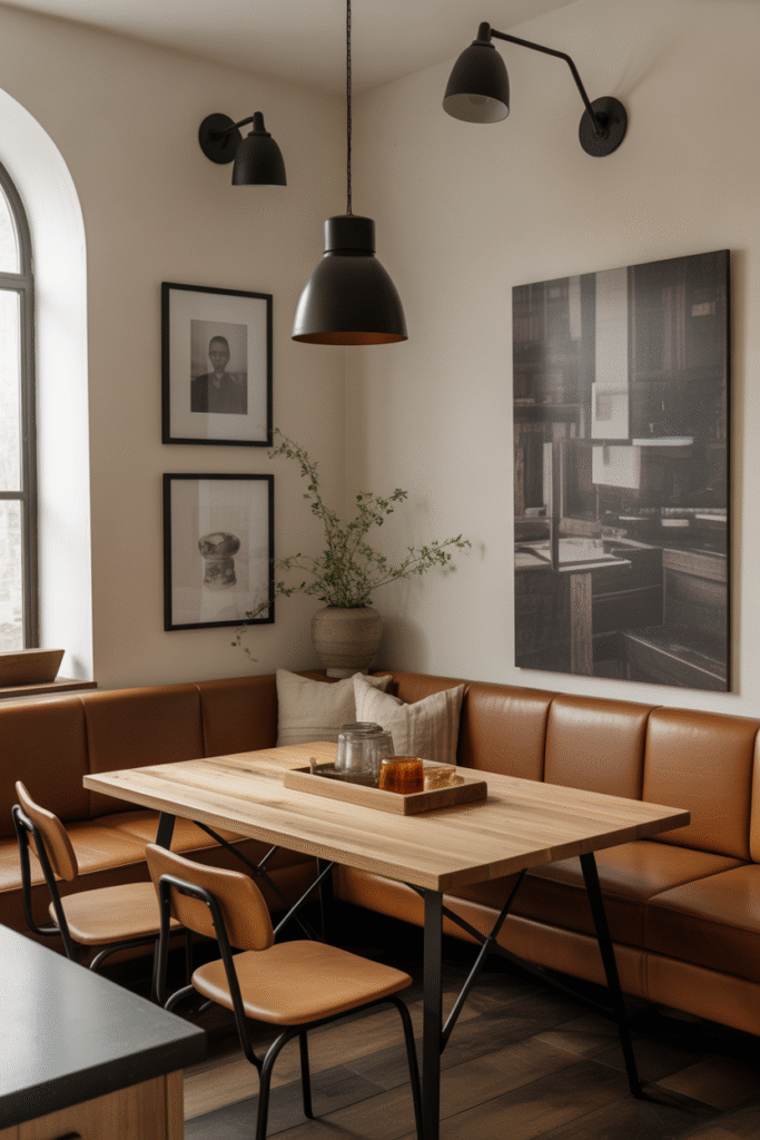 Leather banquette adds durable style and rich texture to a warm, modern kitchen.

