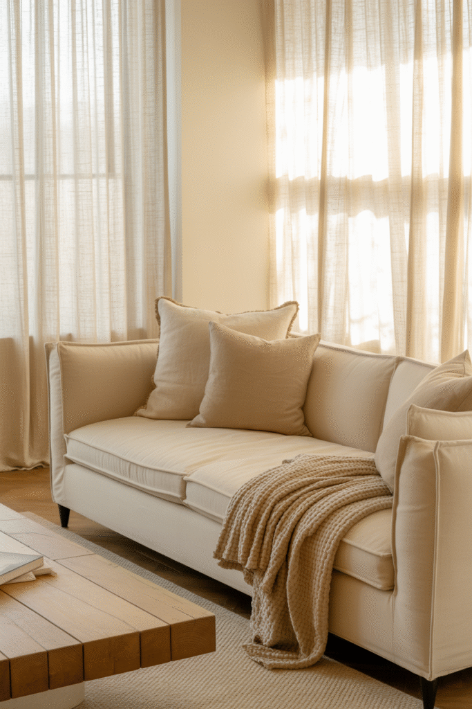 Living room with warm white walls and natural textures like jute, pale wood, and linen.