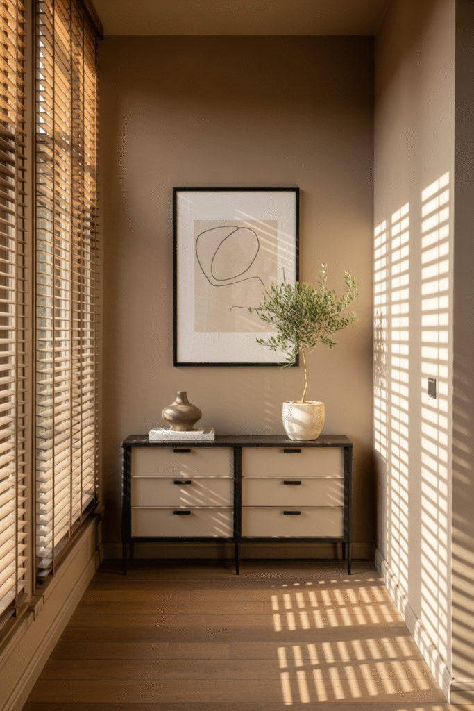 Earth-toned hallway with taupe walls, black accents, and soft woven textures.