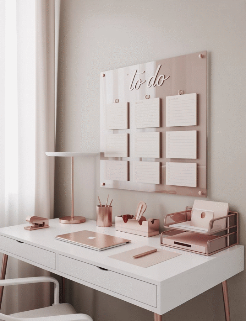 Minimalist white desk with rose gold stapler, pen holder, and tray, styled with gray and pink accents.