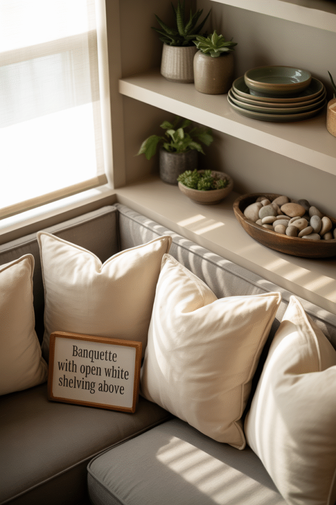 Built-in shelves above the banquette offer practical storage and decorative flair.

