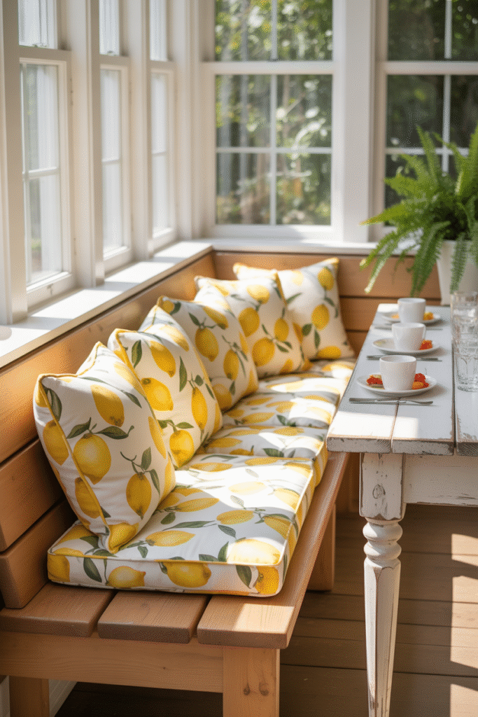 Straightforward bench banquette keeps the space light, flexible, and easy to refresh.

