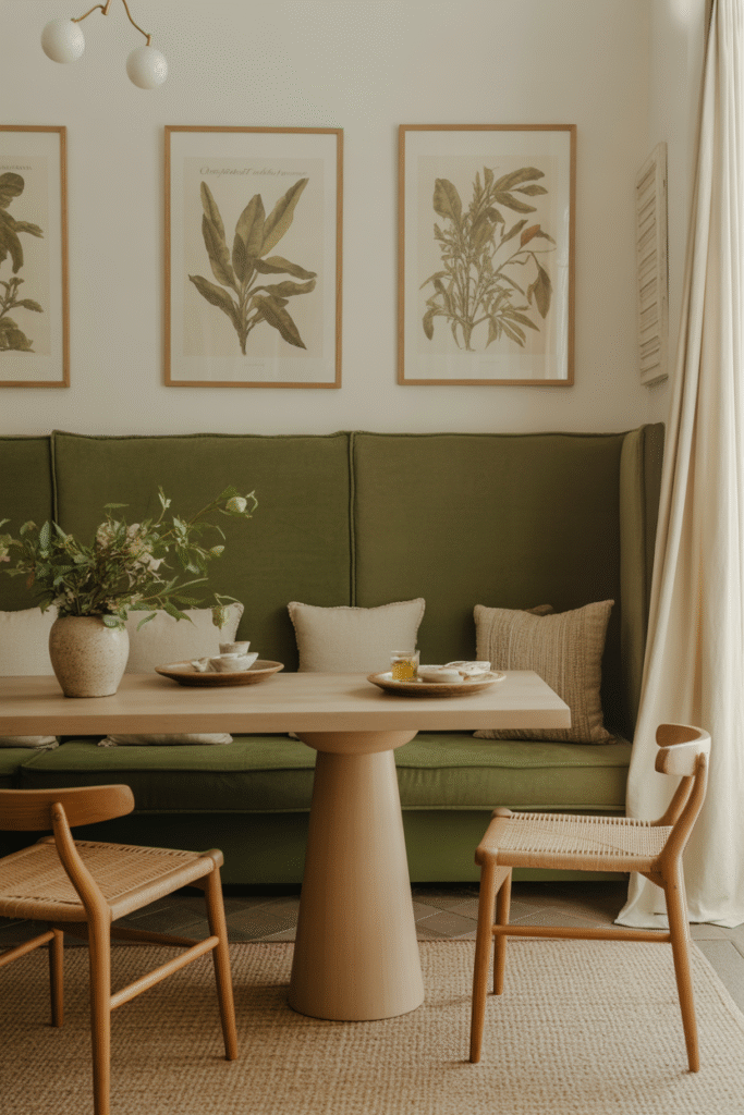 Green banquette adds calm, earthy tones and blends beautifully with natural decor.

