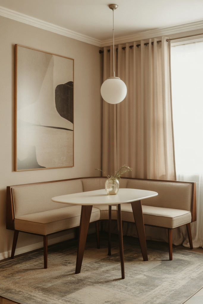 A vintage-inspired banquette brings mid-century flair with sleek lines and retro lighting.