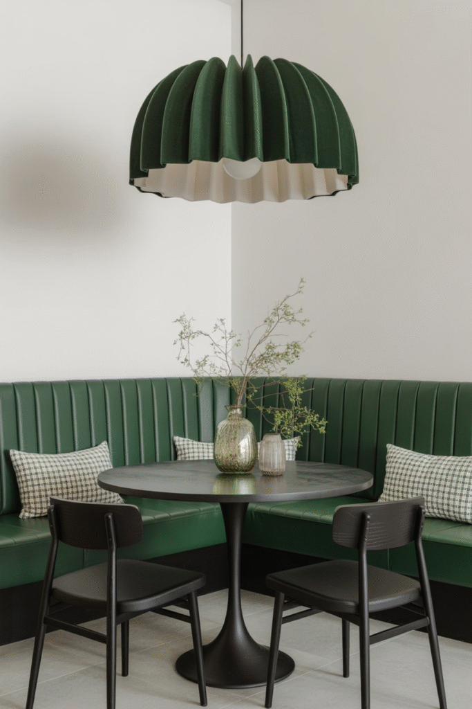 Statement lighting above a jewel-toned banquette turns it into the kitchen’s bold centerpiece.