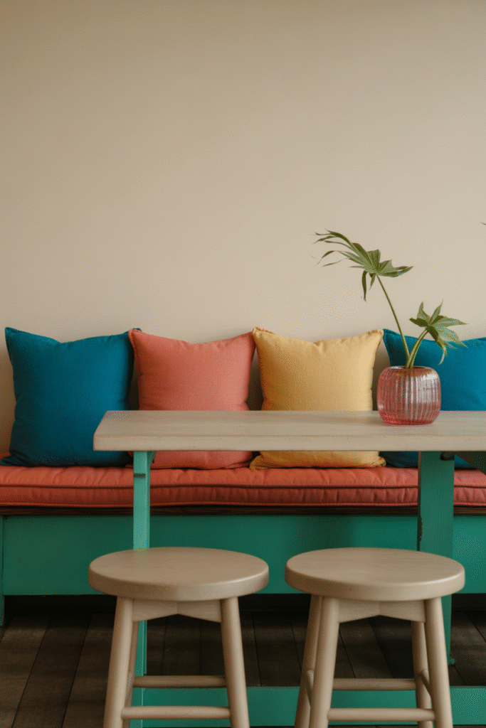 Bright cushions bring playful color to a simple kitchen banquette setup.

